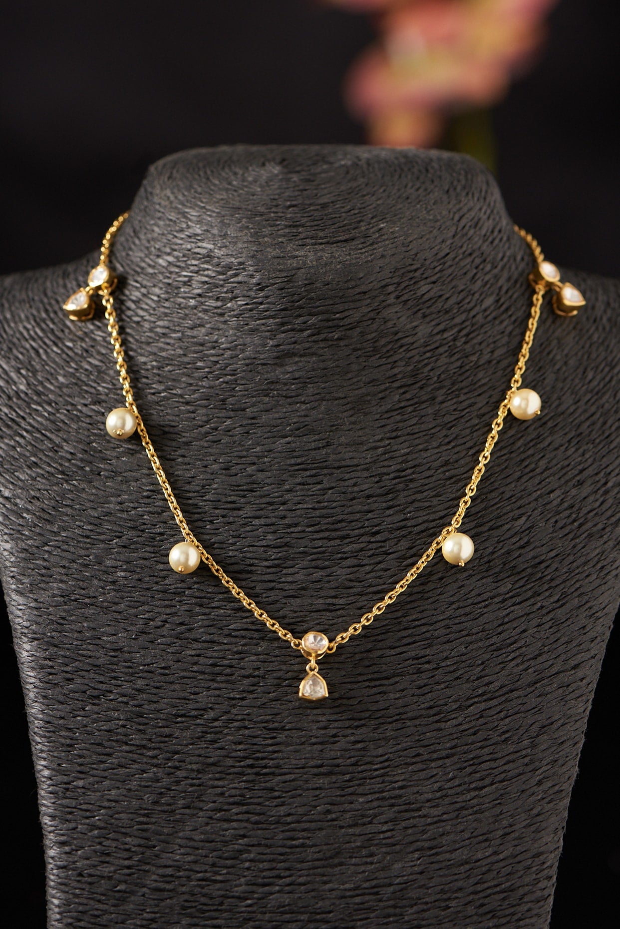 Gold Finish Pearls Necklace In Sterling Silver