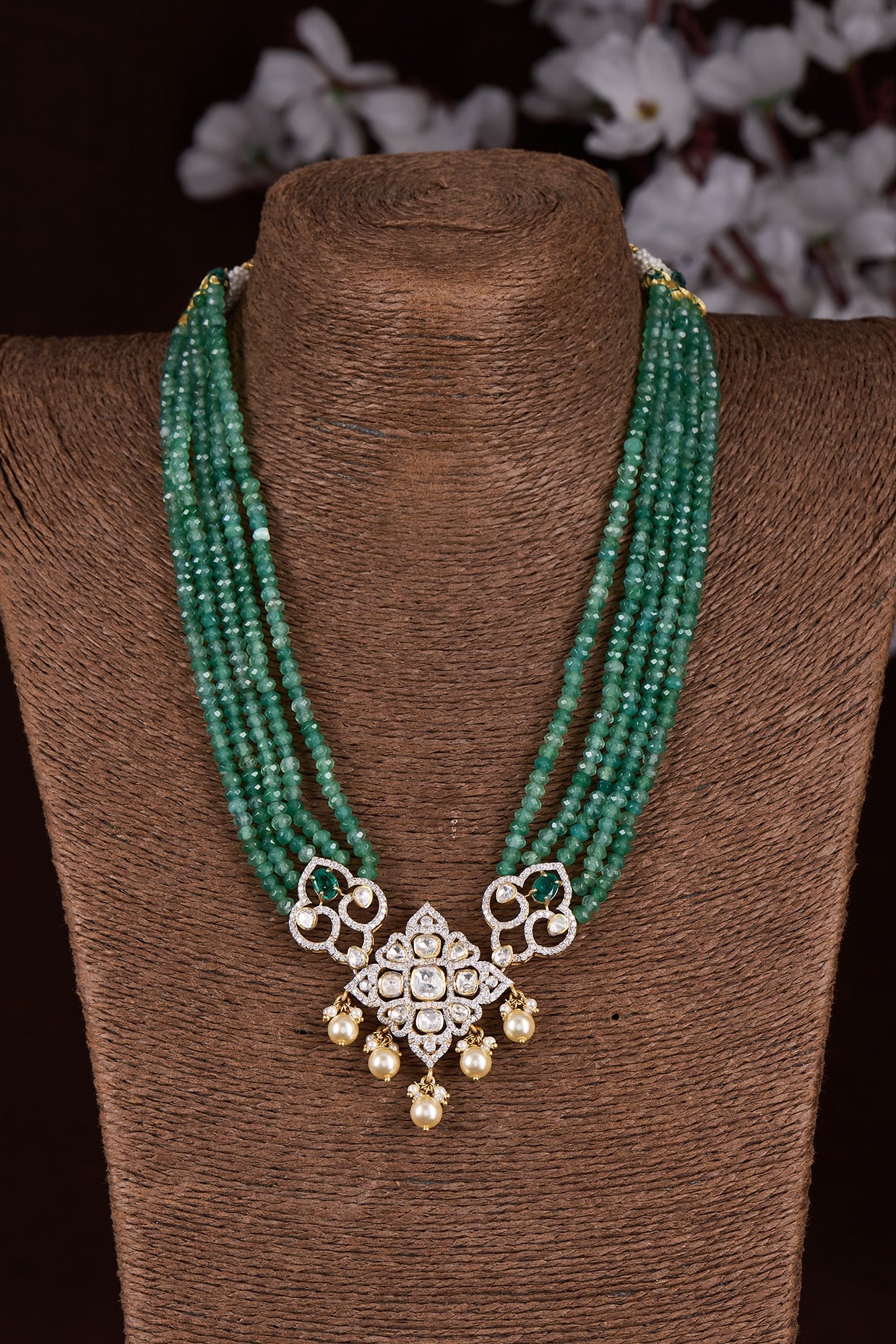 Gold Finish Moissanite Polki & Emerald Stone Long Necklace In Sterling Silver