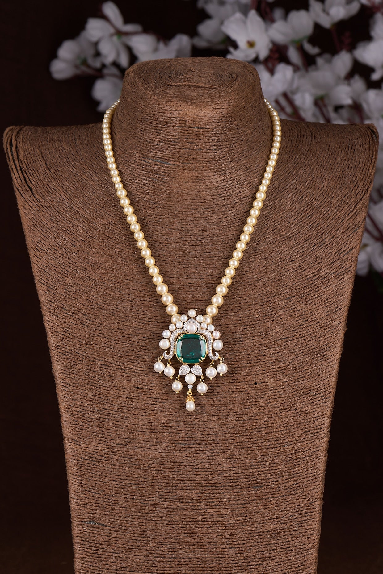 Gold Finish Moissanite Polki & Green Stone Long Necklace In Sterling Silver