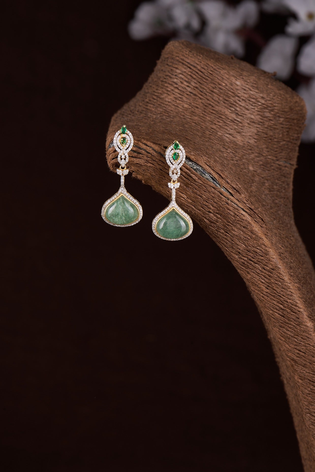 Gold Finish Moissanite Polki & Green Synthetic Stone Dangler Earrings In Sterling Silver