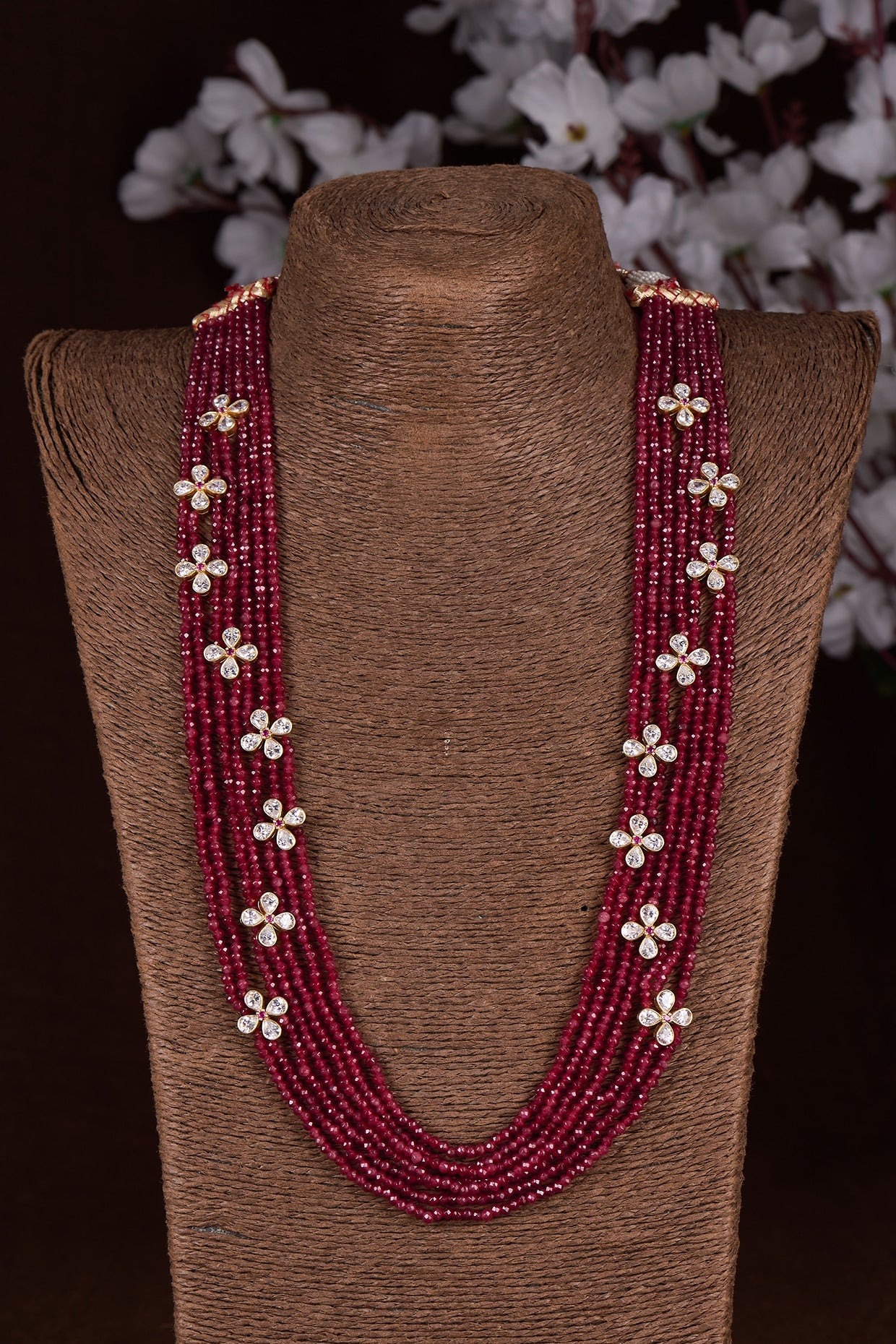 Gold Finish Moissanite Polki & Ruby Mala Necklace In Sterling Silver