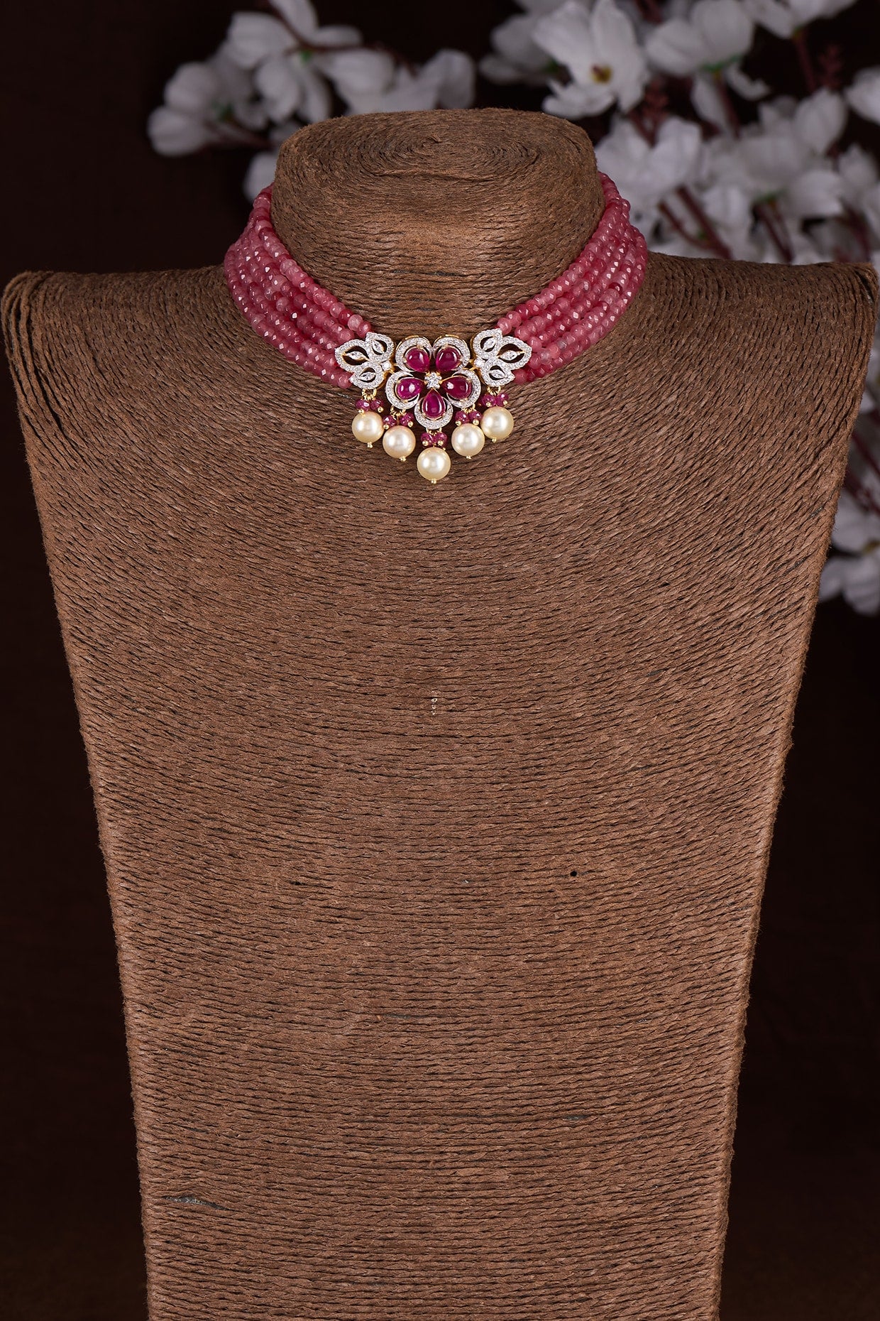 Gold Finish Moissanite Polki & Ruby Stone Choker Necklace In Sterling Silver