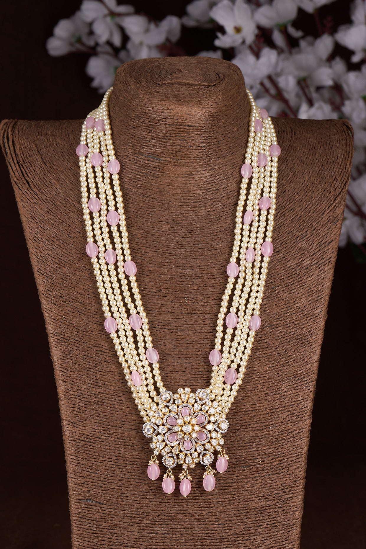 Gold Finish Moissanite Polki & Pink Stone Mala In Sterling Silver