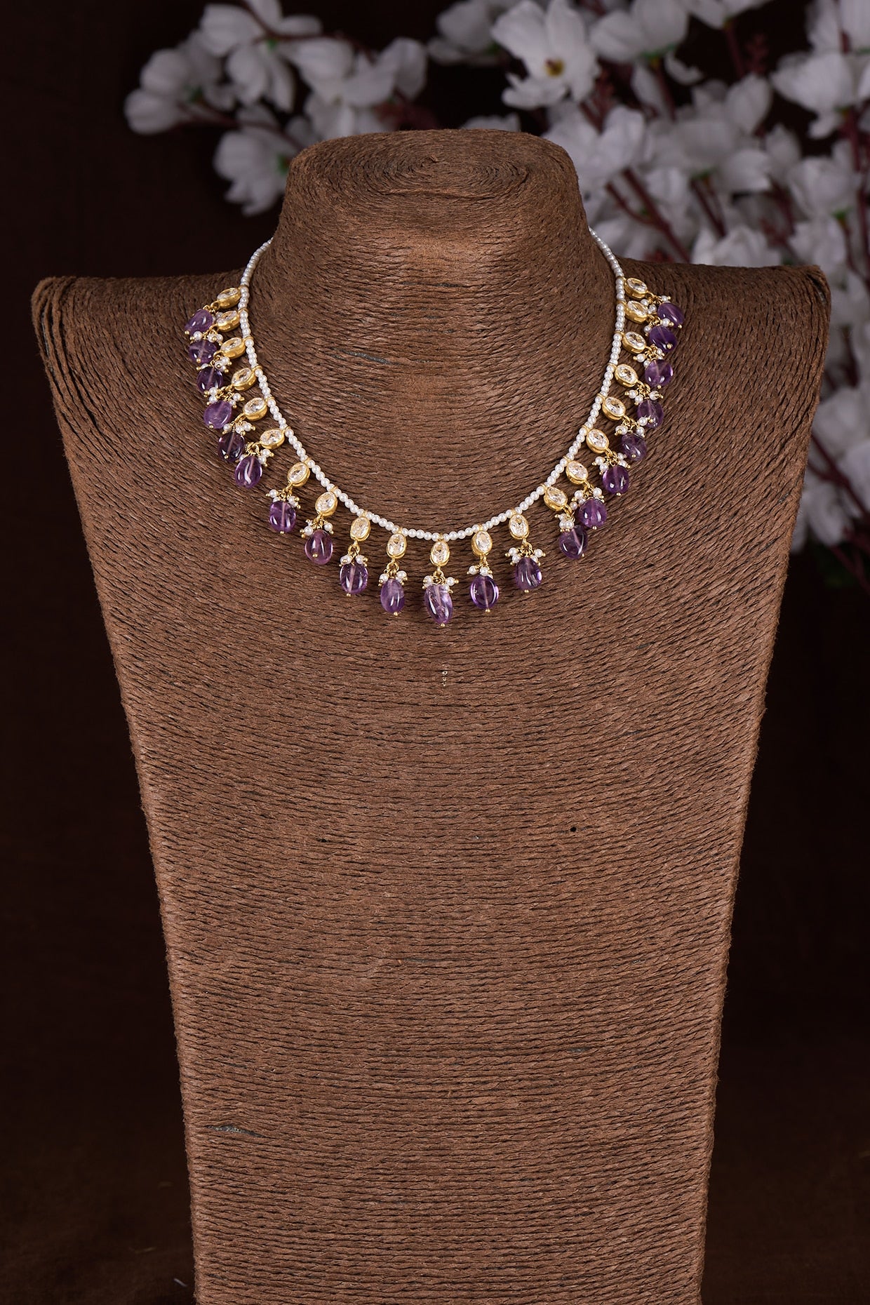 Gold Finish Moissanite Polki & Purple Stone Necklace In Sterling Silver