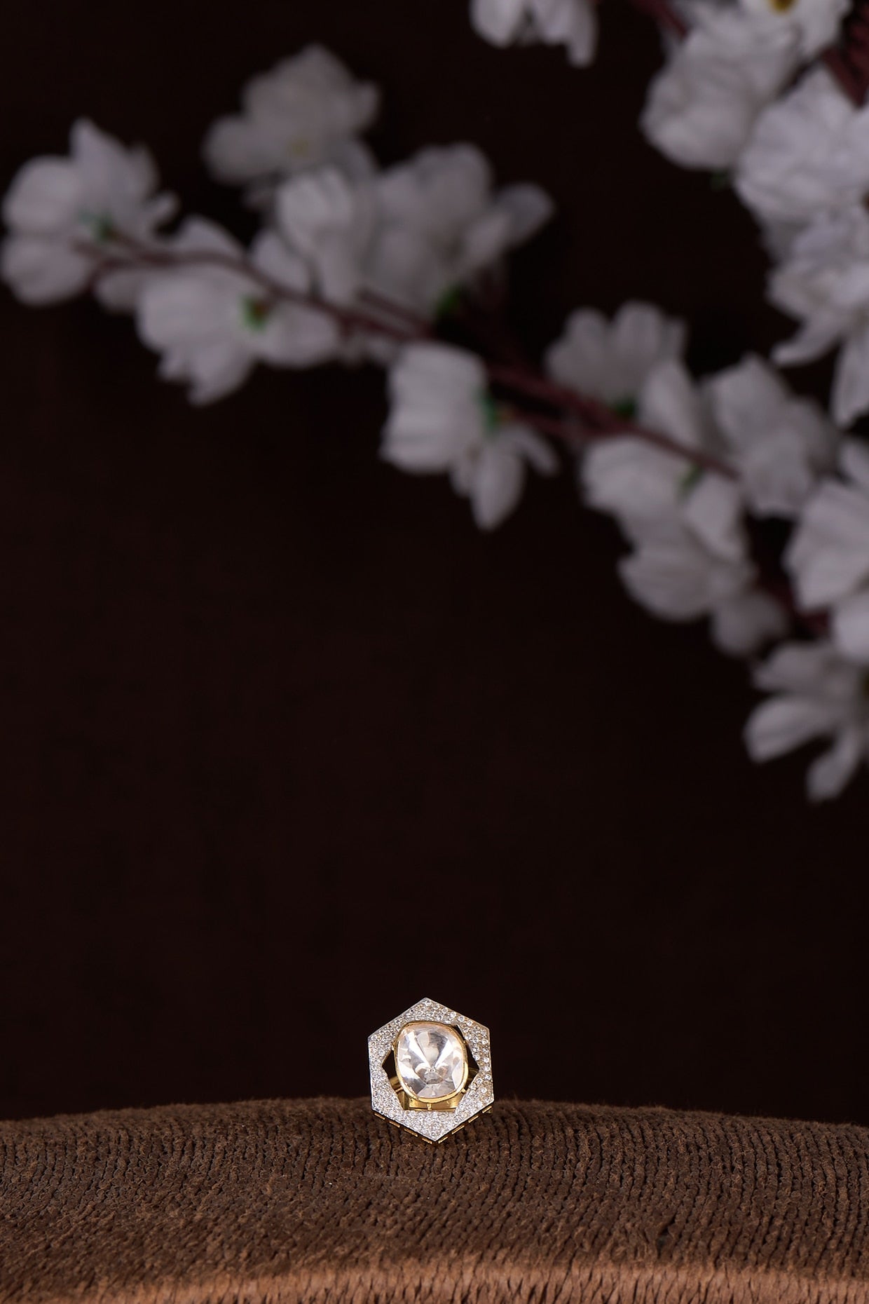 Gold Finish Moissanite Polki Ring In Sterling Silver