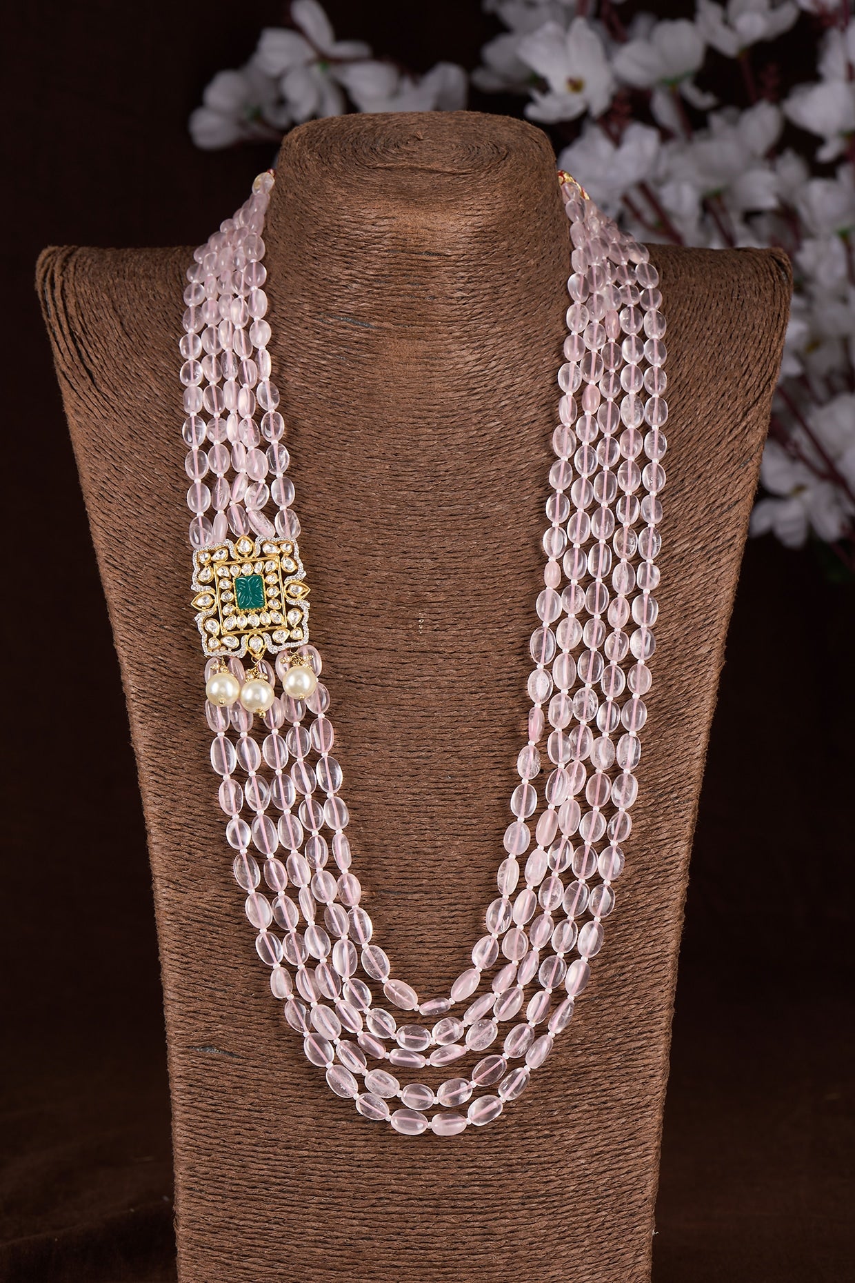 Gold Finish Moissanite Polki & Pink Stone Mala In Sterling Silver