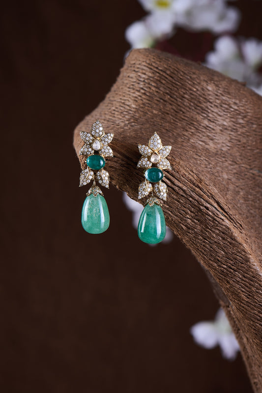 Gold Finish Moissanite Polki & Green Stone Dangler Earrings In Sterling Silver