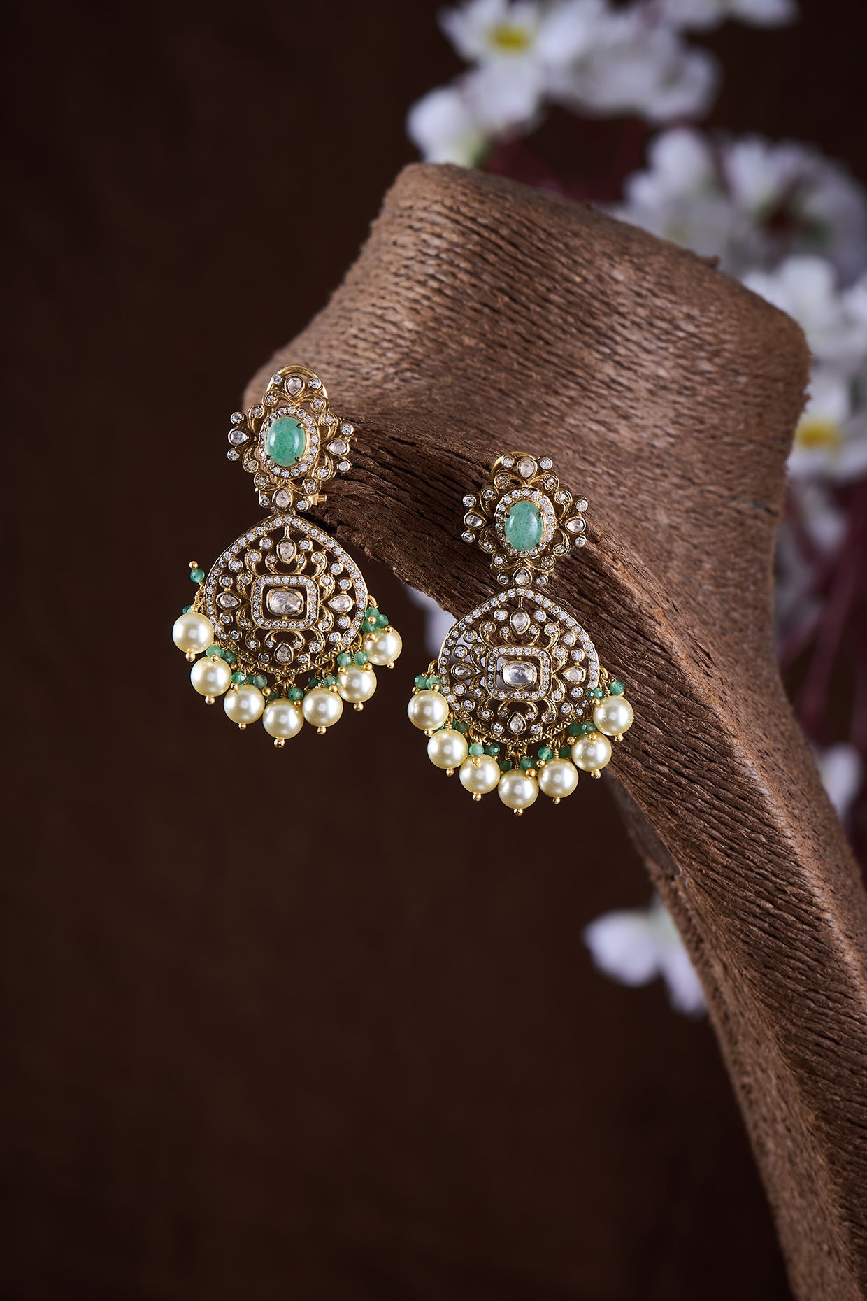 Gold Finish Moissanite Polki & Green Stone Chandbali Earrings In Sterling Silver