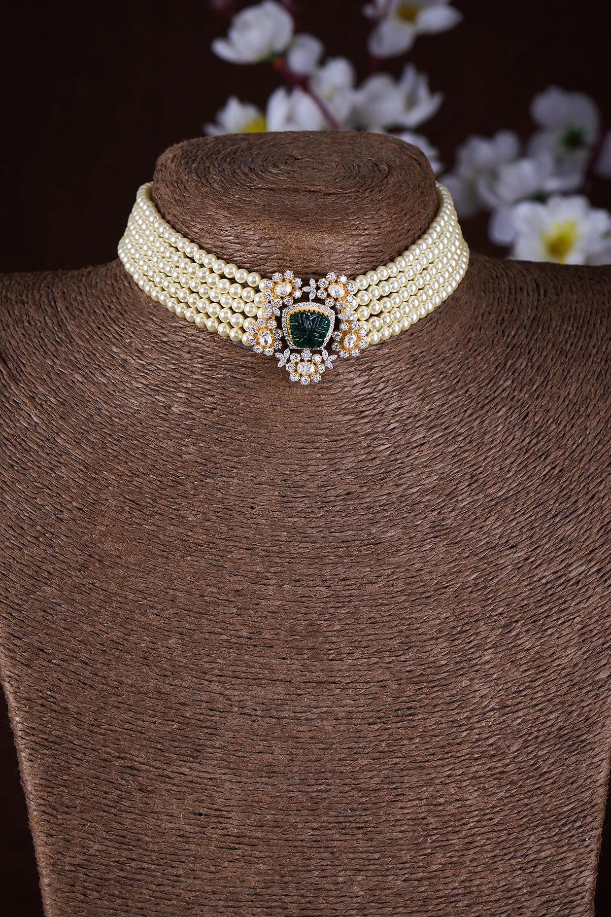 Gold Finish Moissanite Polki & Green Stone Choker Necklace In Sterling Silver