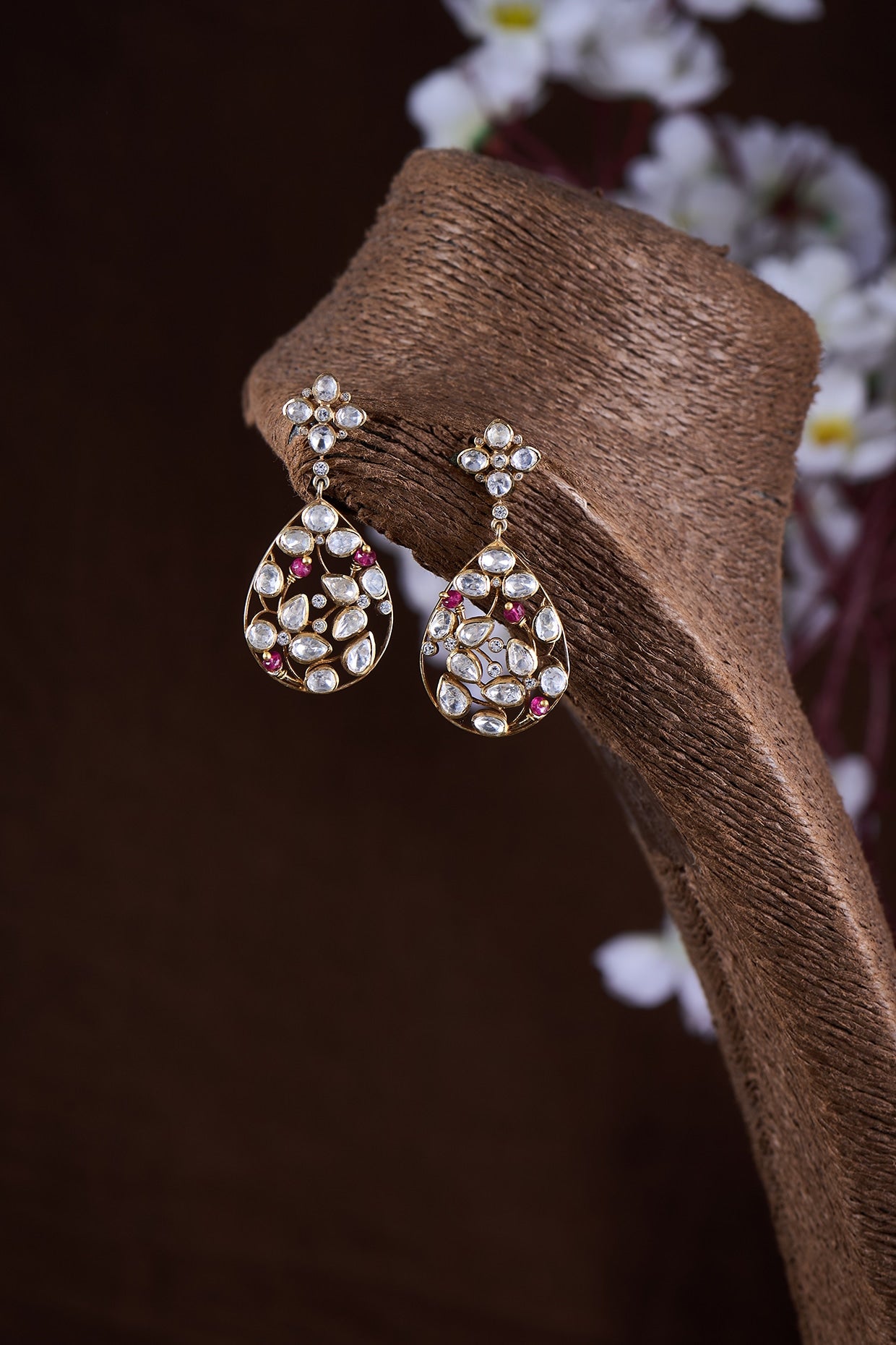 Gold Finish Moissanite Polki & Ruby Synthetic Stone Dangler Earrings In Sterling Silver