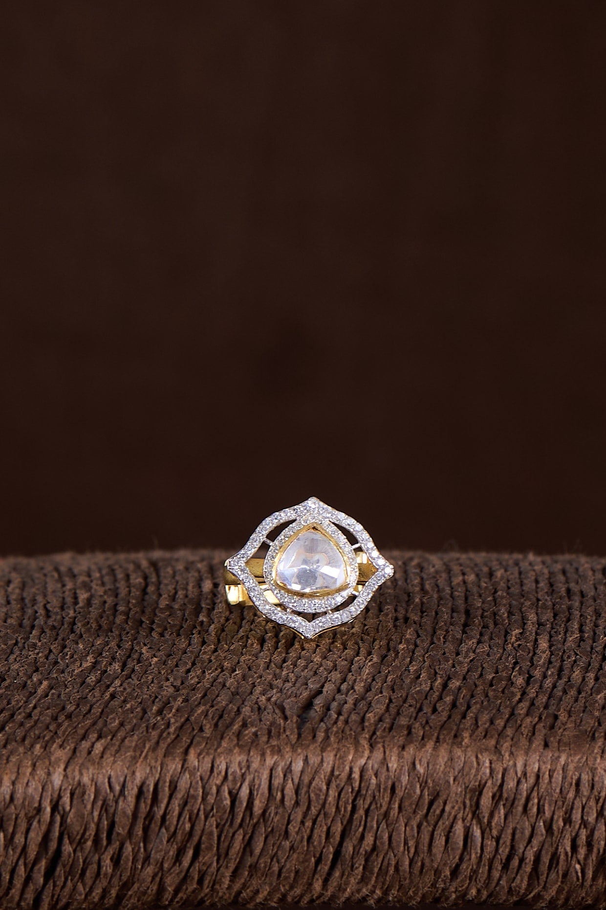 Gold Finish Moissanite Polki Ring In Sterling Silver