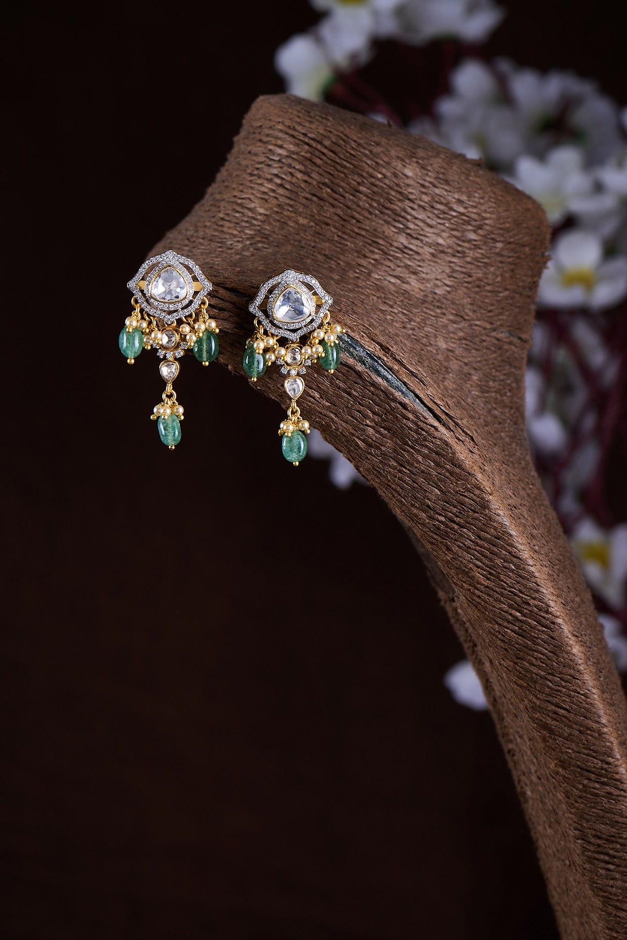 Gold Finish Moissanite Polki & Green Synthetic Stone Dangler Earrings In Sterling Silver