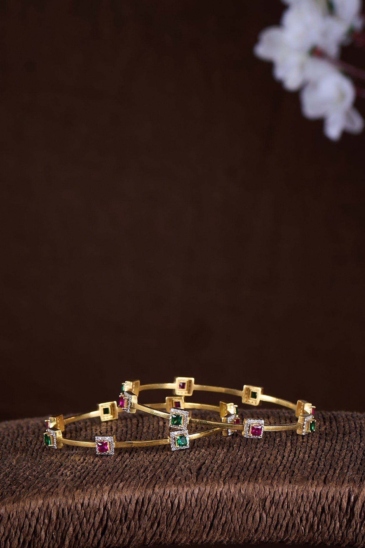 Gold Finish Moissanite Polki & Multi-Colored Stone Bangles In Sterling Silver (Set Of 2)