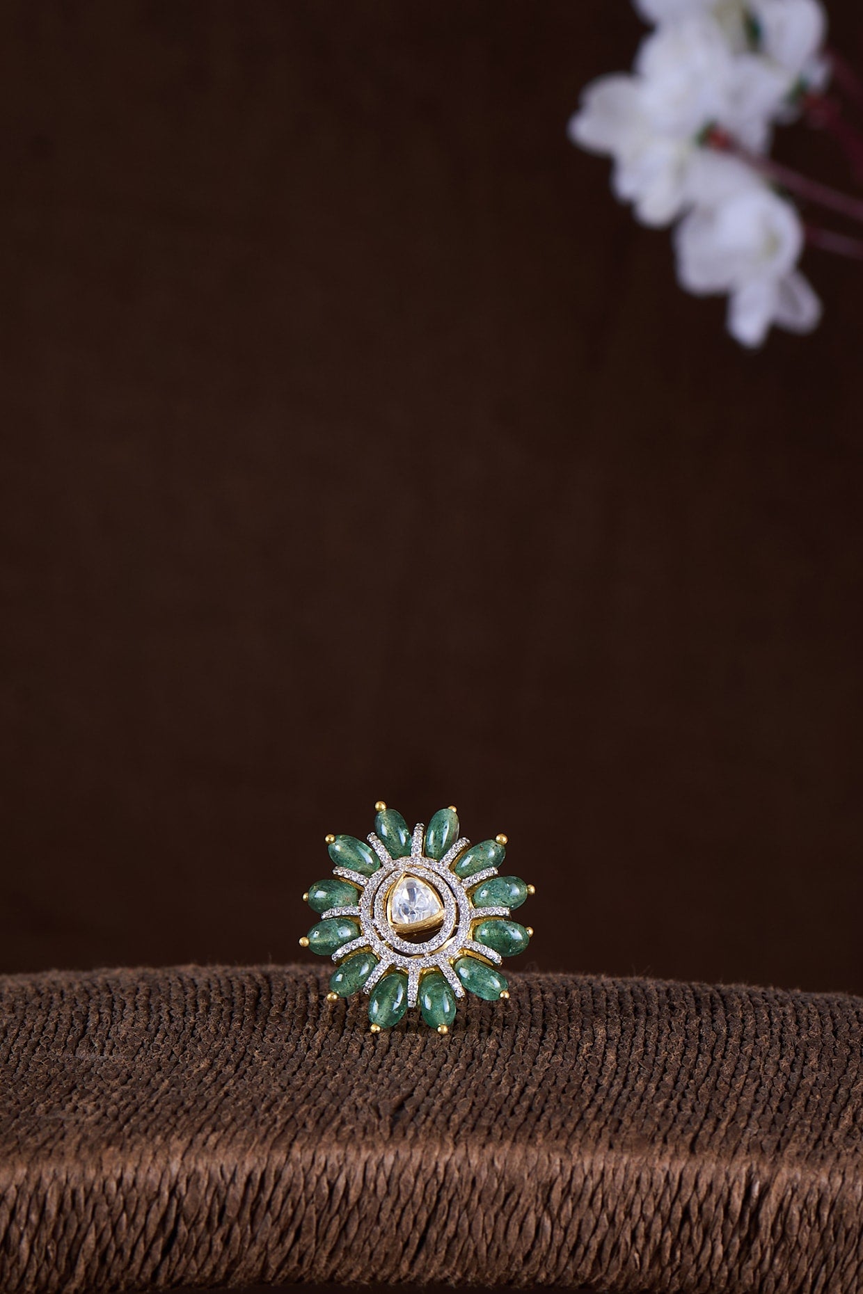 Gold Finish Moissanite Polki & Emerald Stone Ring In Sterling Silver