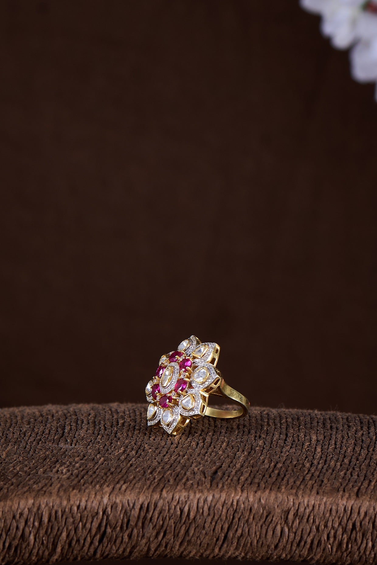 Gold Finish Moissanite Polki & Ruby Synthetic Stone Ring In Sterling Silver