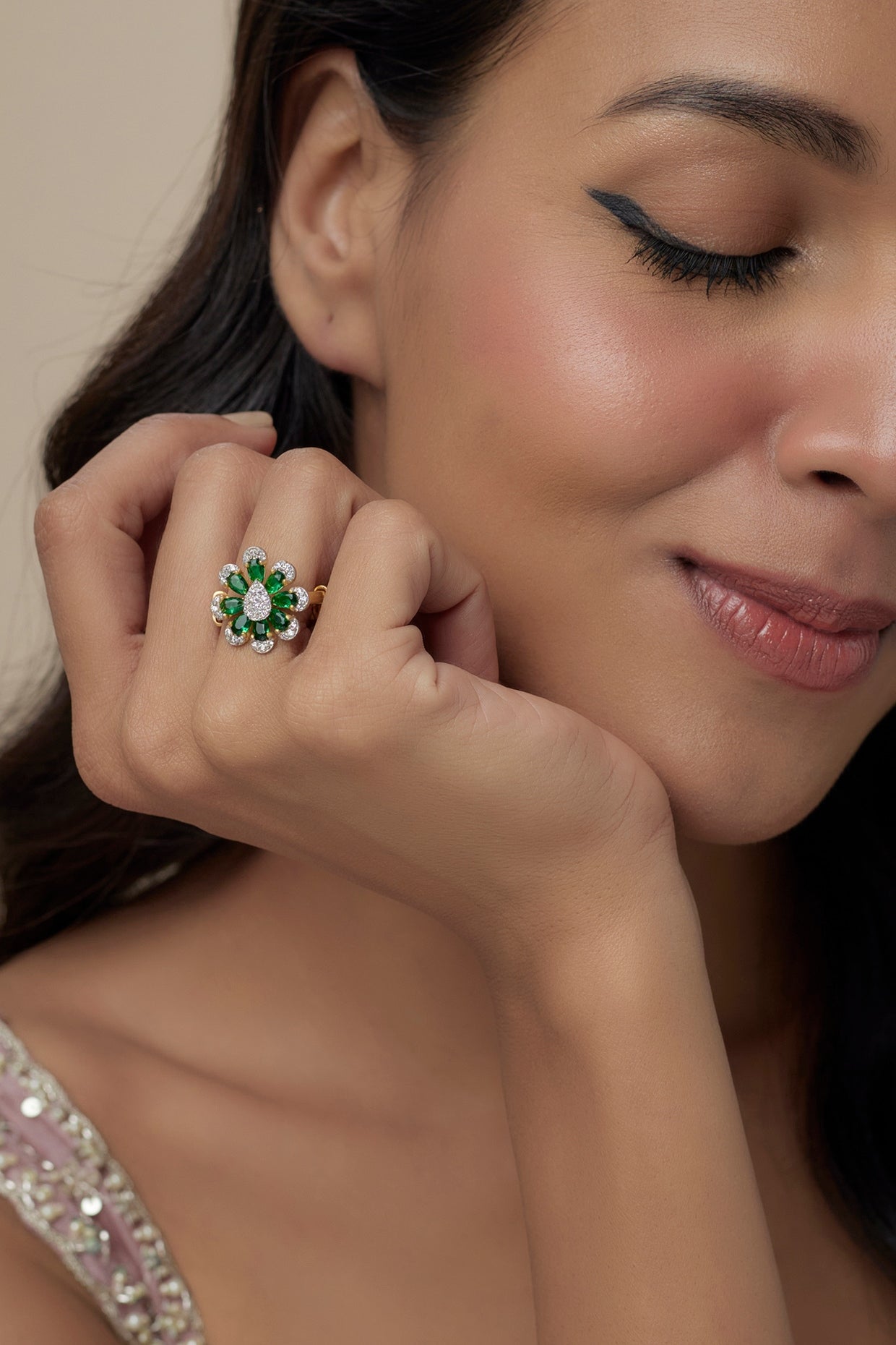 Gold Finish Moissanite Polki & Emerald Green Stone Ring In Sterling Silver