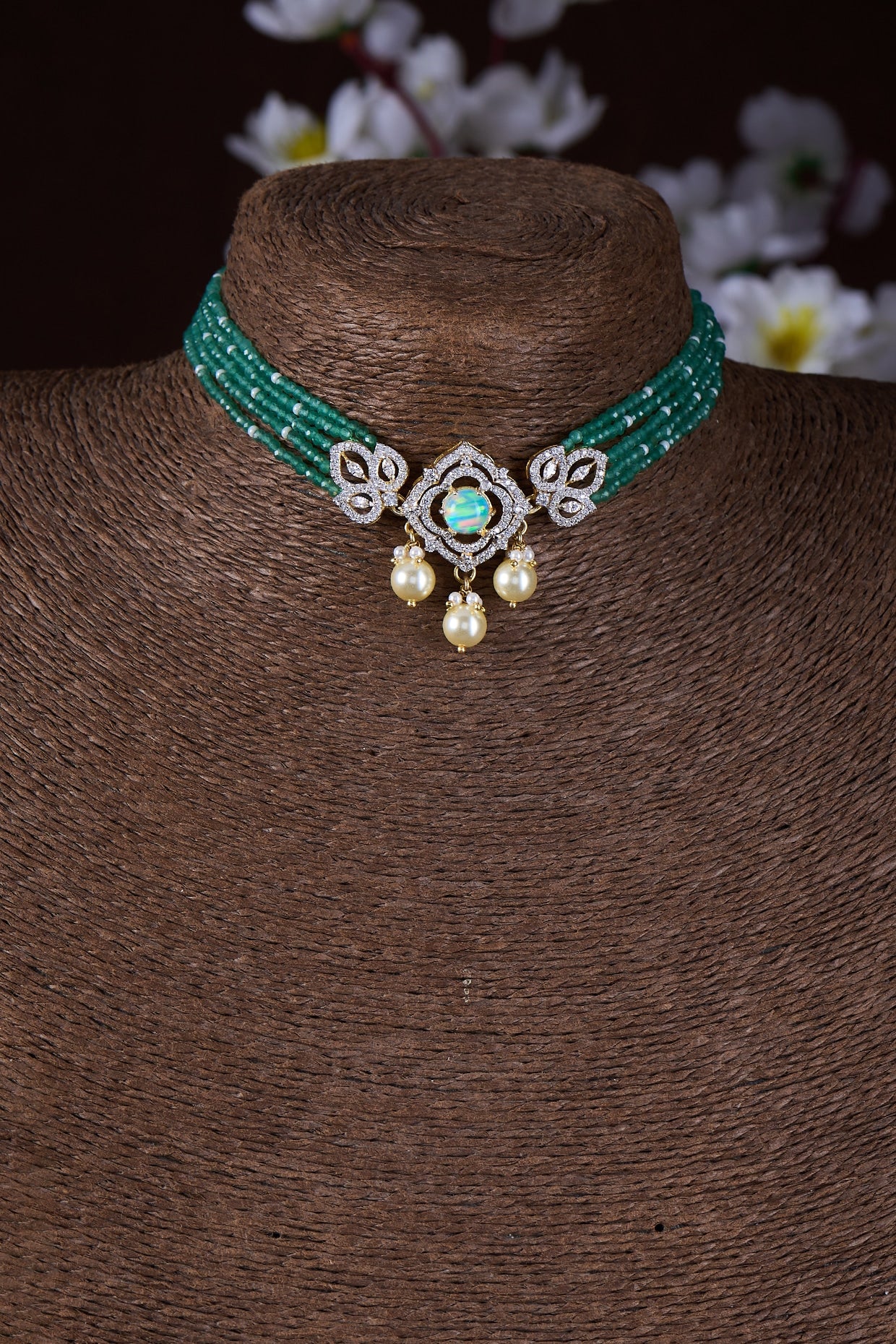 Gold Finish Moissanite Polki & Green Stone Choker Necklace In Sterling Silver