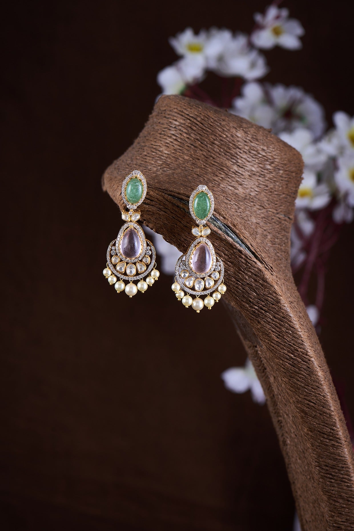 Gold Finish Moissanite Polki & Green Stone Dangler Earrings In Sterling Silver