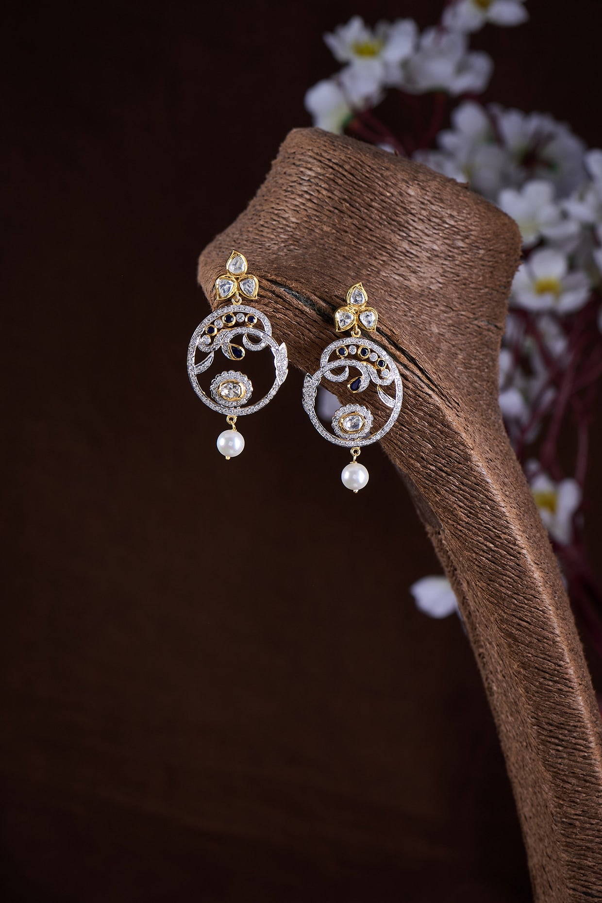 Gold Finish Moissanite Polki Dangler Earrings In Sterling Silver