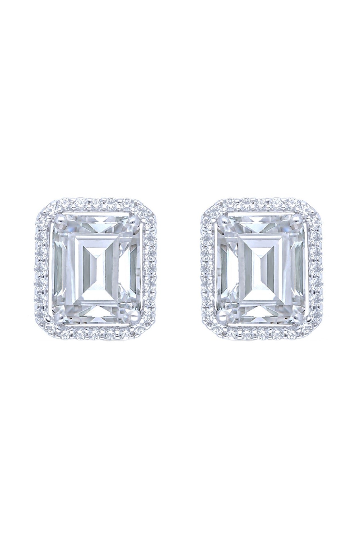 White Finish Emerald Solitaire Clustered Zircon Stud Earrings In Sterling Silver