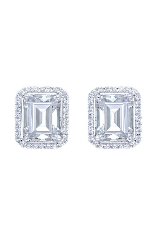 White Finish Emerald Solitaire Clustered Zircon Stud Earrings In Sterling Silver