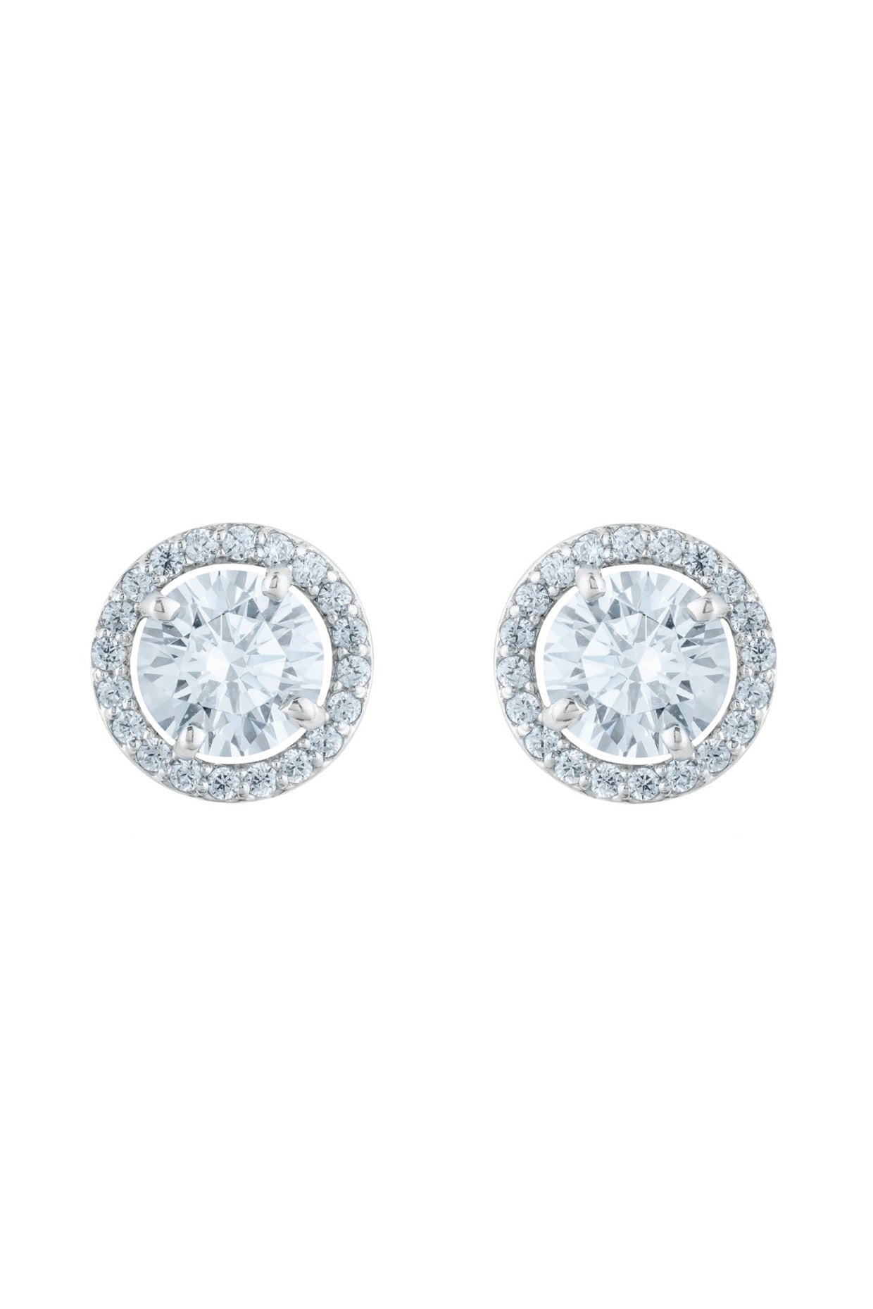 White Finish Round Solitaire Clustered Zircon Stud Earrings In Sterling Silver