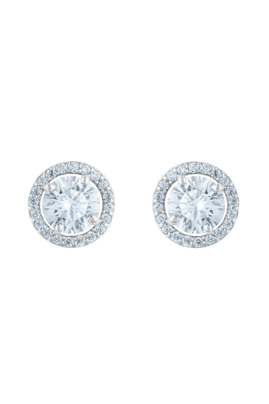 White Finish Round Solitaire Clustered Zircon Stud Earrings In Sterling Silver