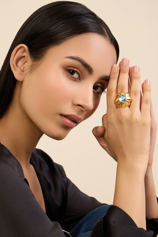 Gold Plated Aqua Synthetic Stone Ring