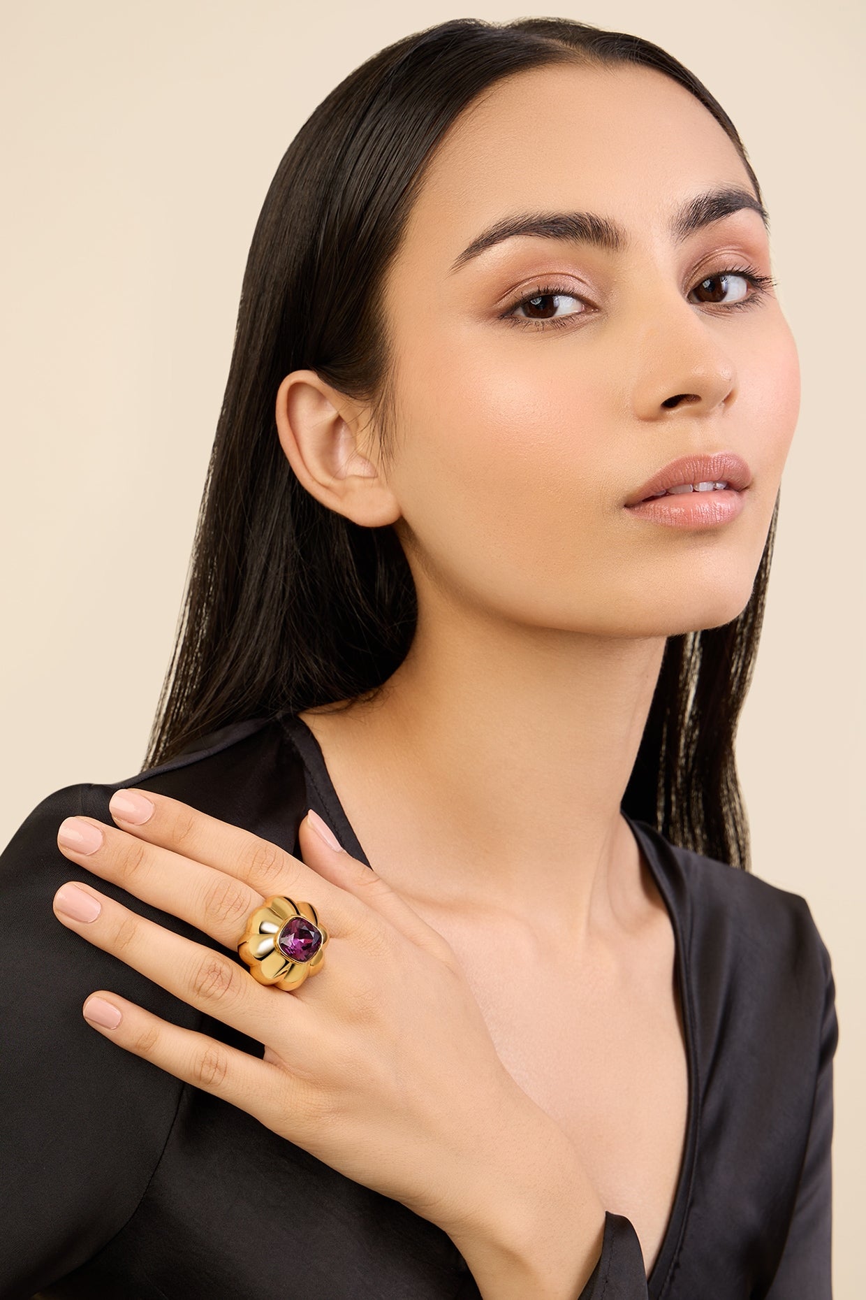 Gold Plated Pink Synthetic Stone Ring