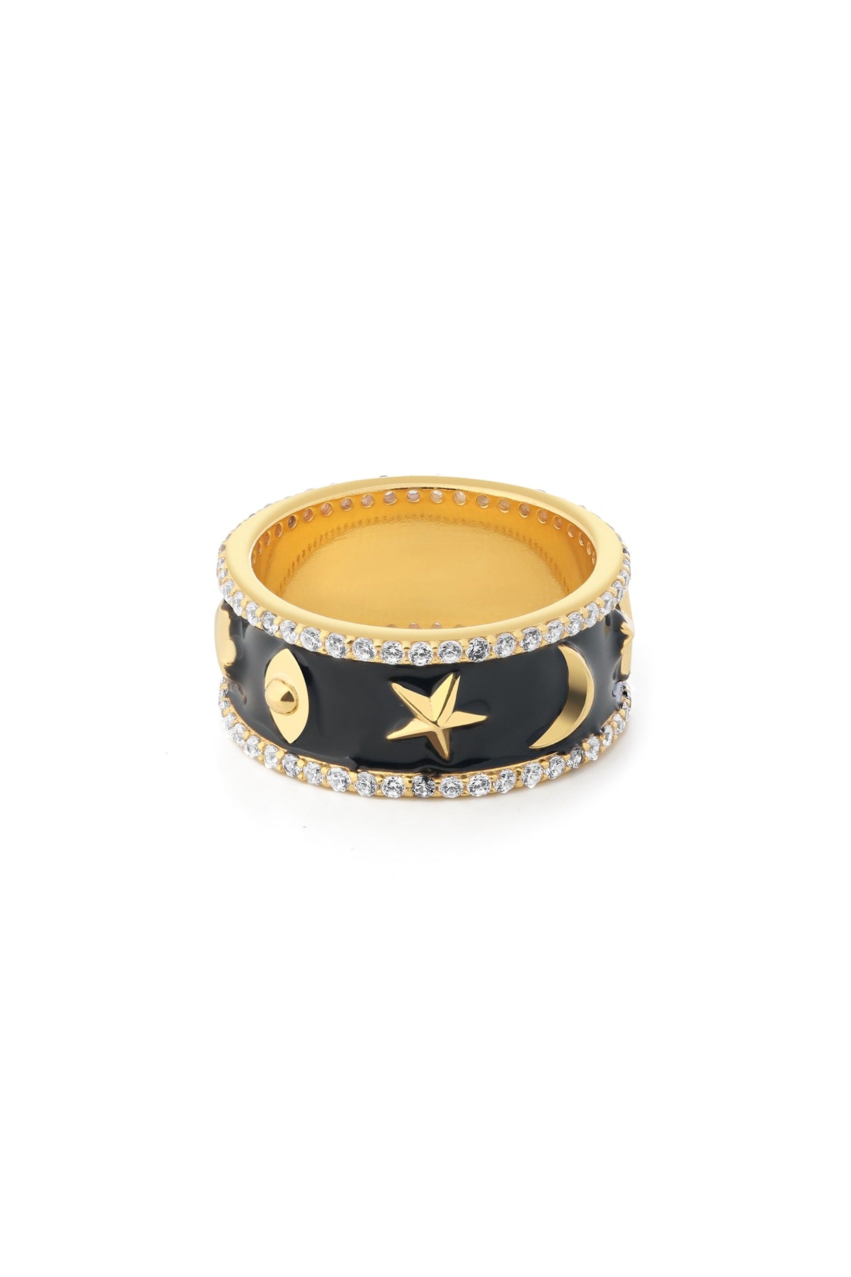 Gold Plated Black Synthetic Stone & CZ Lucky Charm Ring