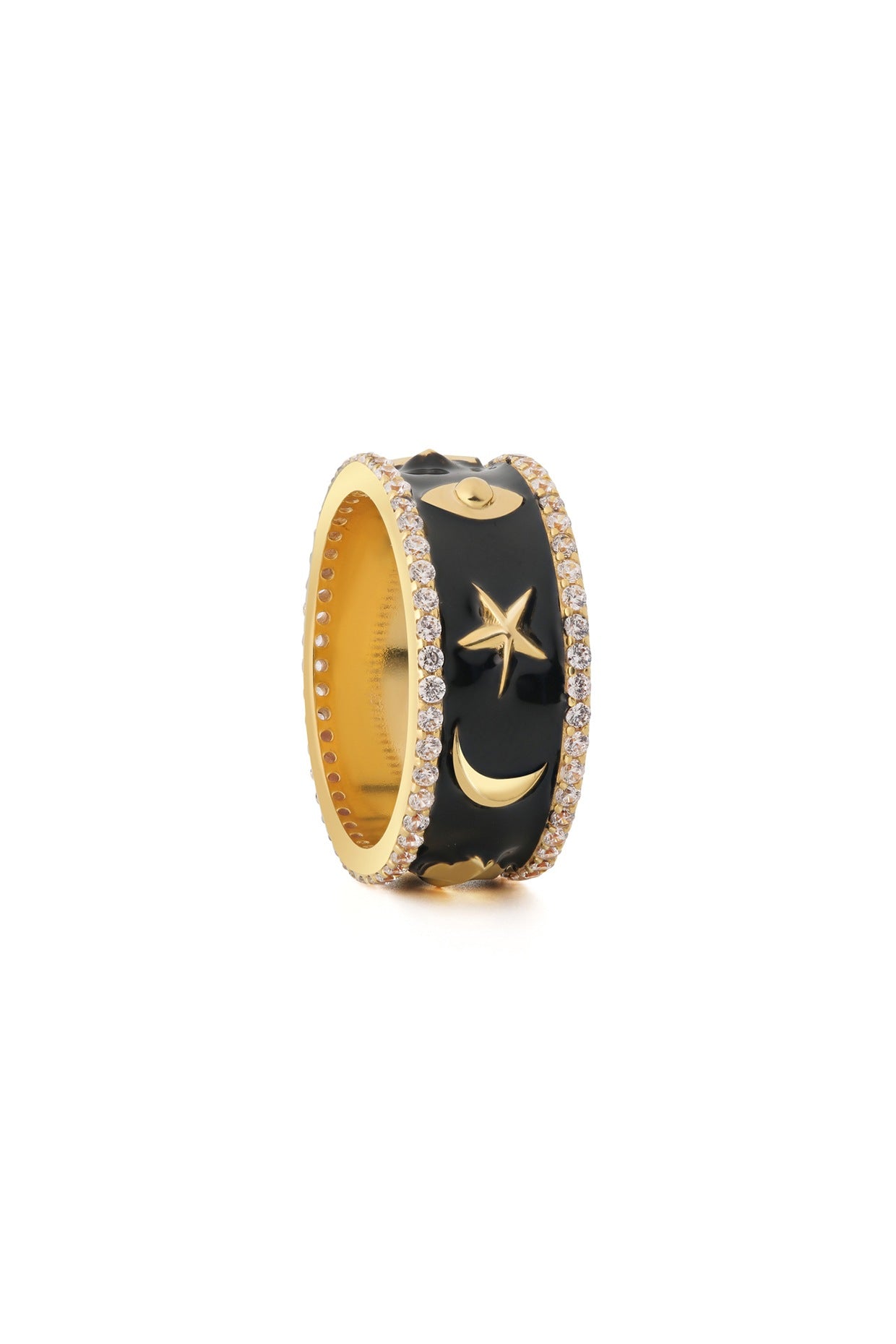 Gold Plated Black Synthetic Stone & CZ Lucky Charm Ring