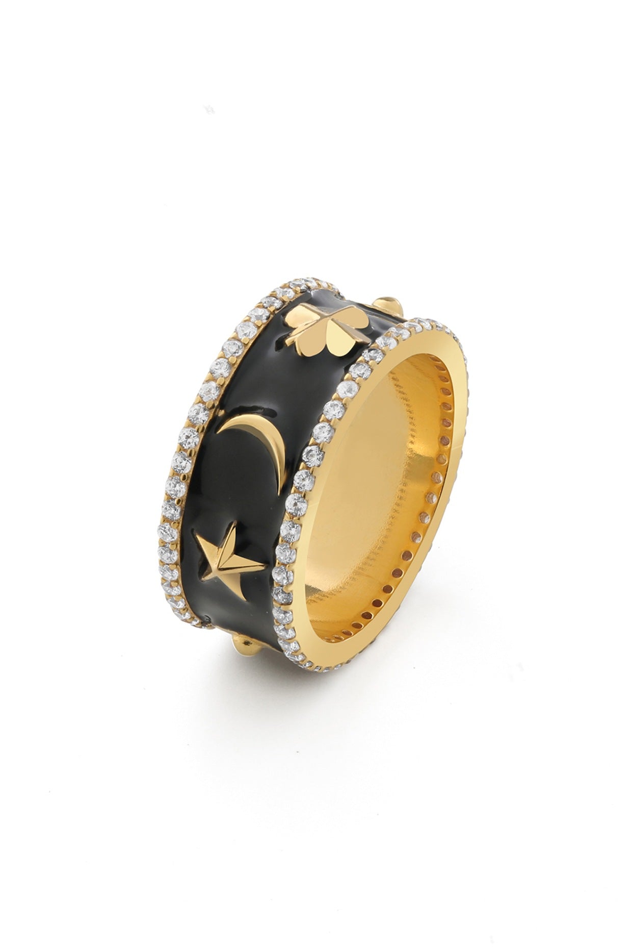 Gold Plated Black Synthetic Stone & CZ Lucky Charm Ring