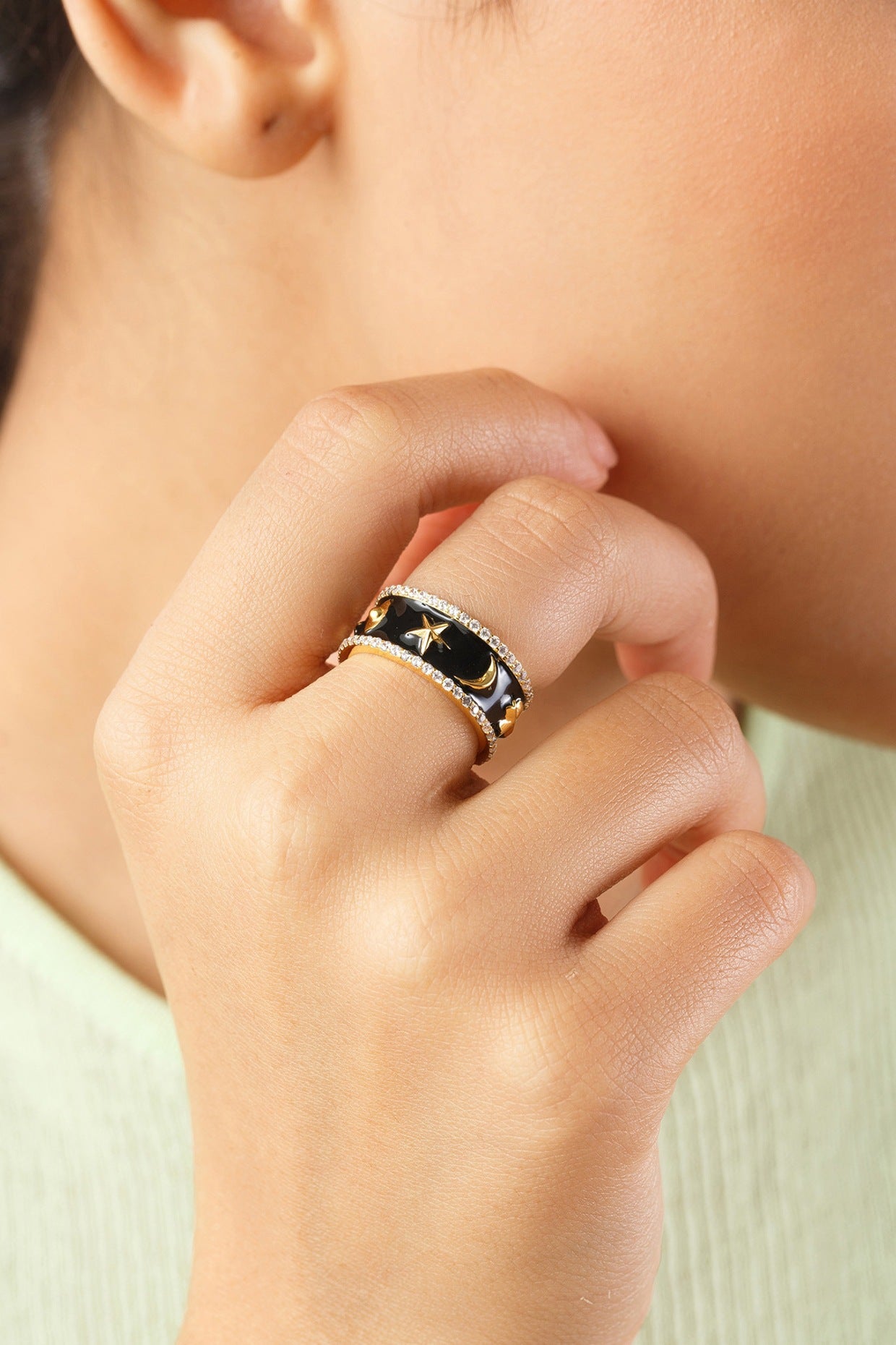 Gold Plated Black Synthetic Stone & CZ Lucky Charm Ring