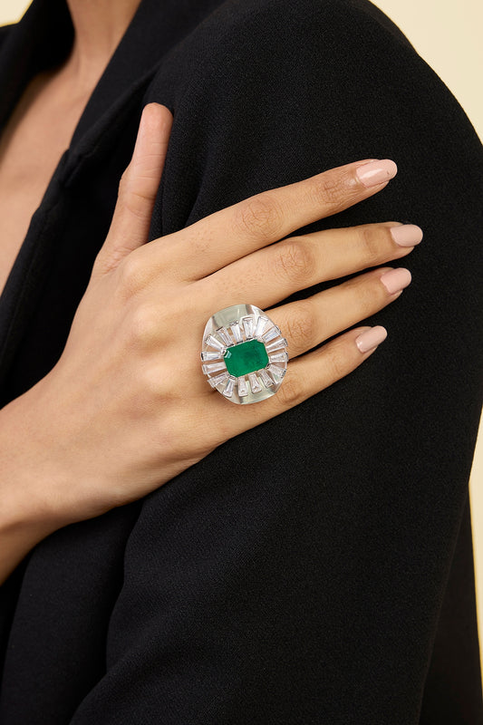 White Rhodium Finish CZ & Doublet Dark Emerald Stone Ring