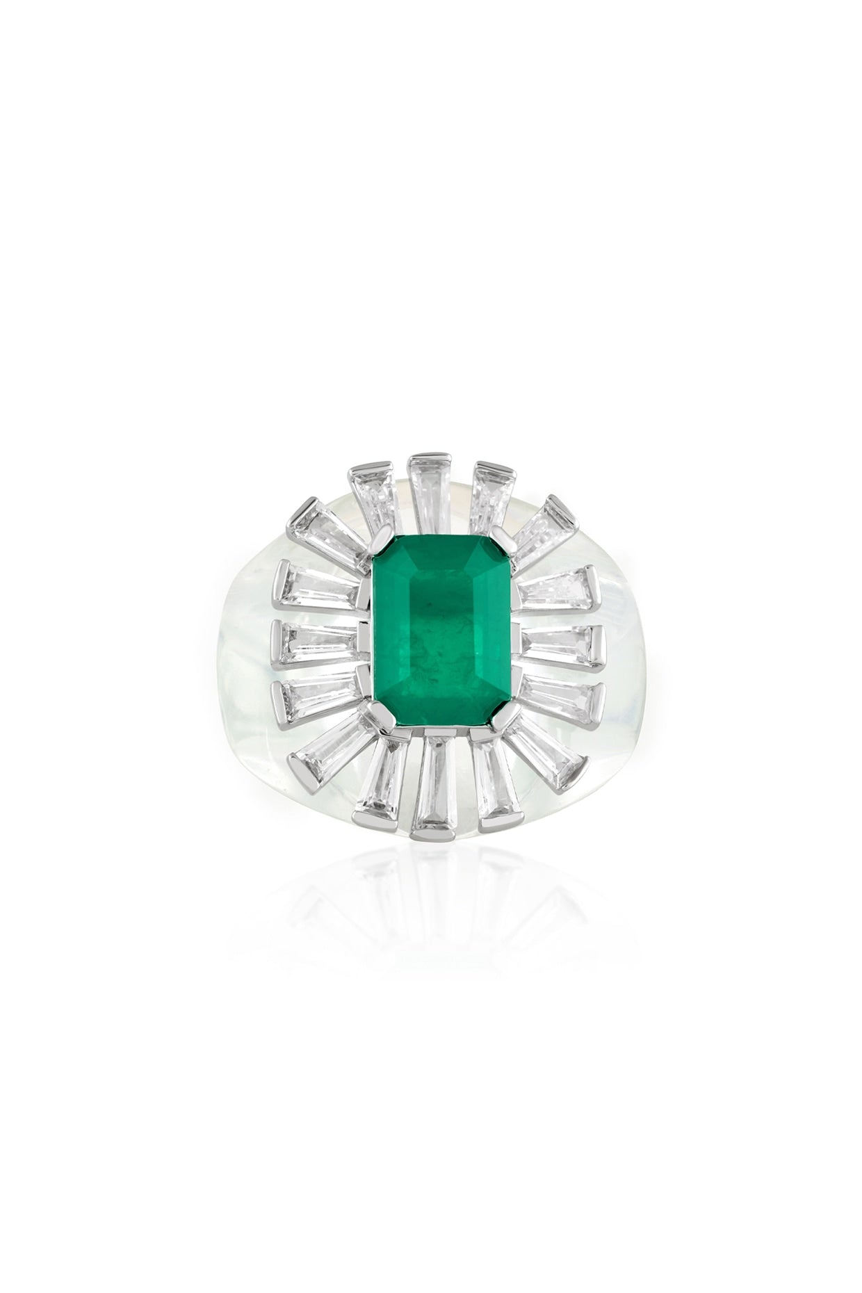 White Rhodium Finish CZ & Doublet Dark Emerald Stone Ring