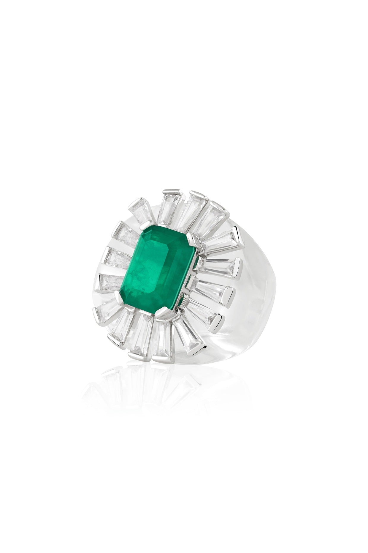 White Rhodium Finish CZ & Doublet Dark Emerald Stone Ring