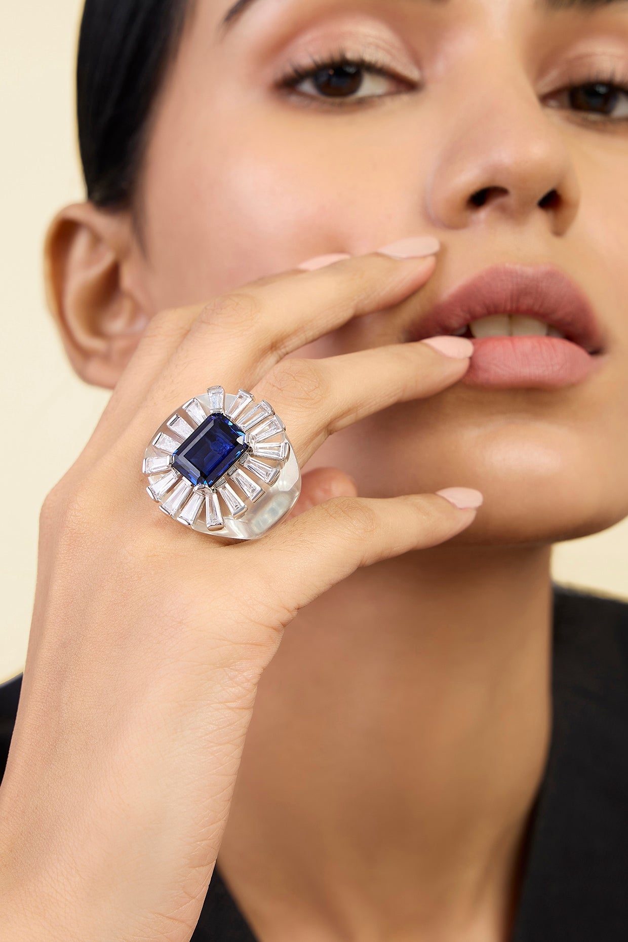 White Rhodium Finish CZ & Blue Corundum Stone Ring