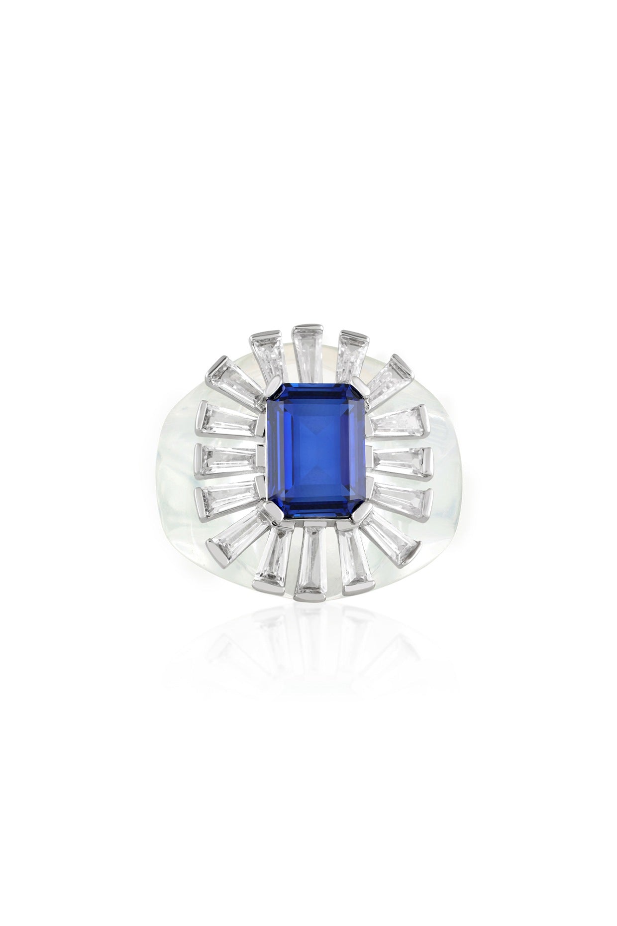 White Rhodium Finish CZ & Blue Corundum Stone Ring