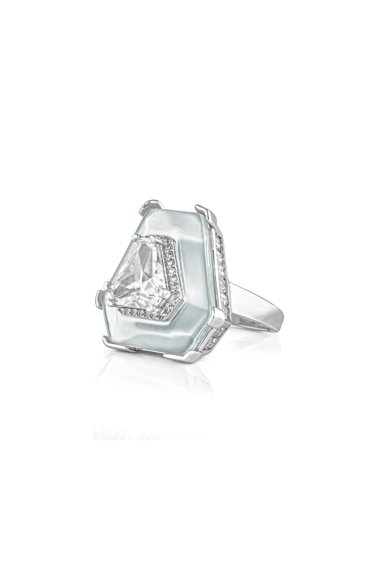 White Rhodium Finish Custom-Cut CZ Stone Ring