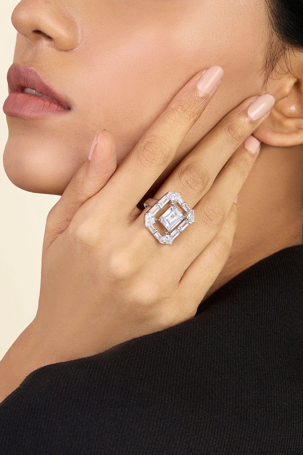 White Rhodium Finish Custom-Cut CZ Stone Ring