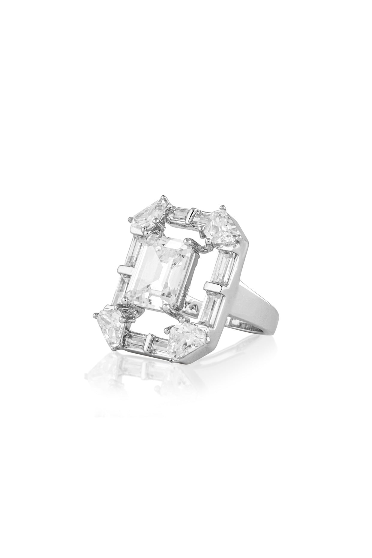 White Rhodium Finish Custom-Cut CZ Stone Ring