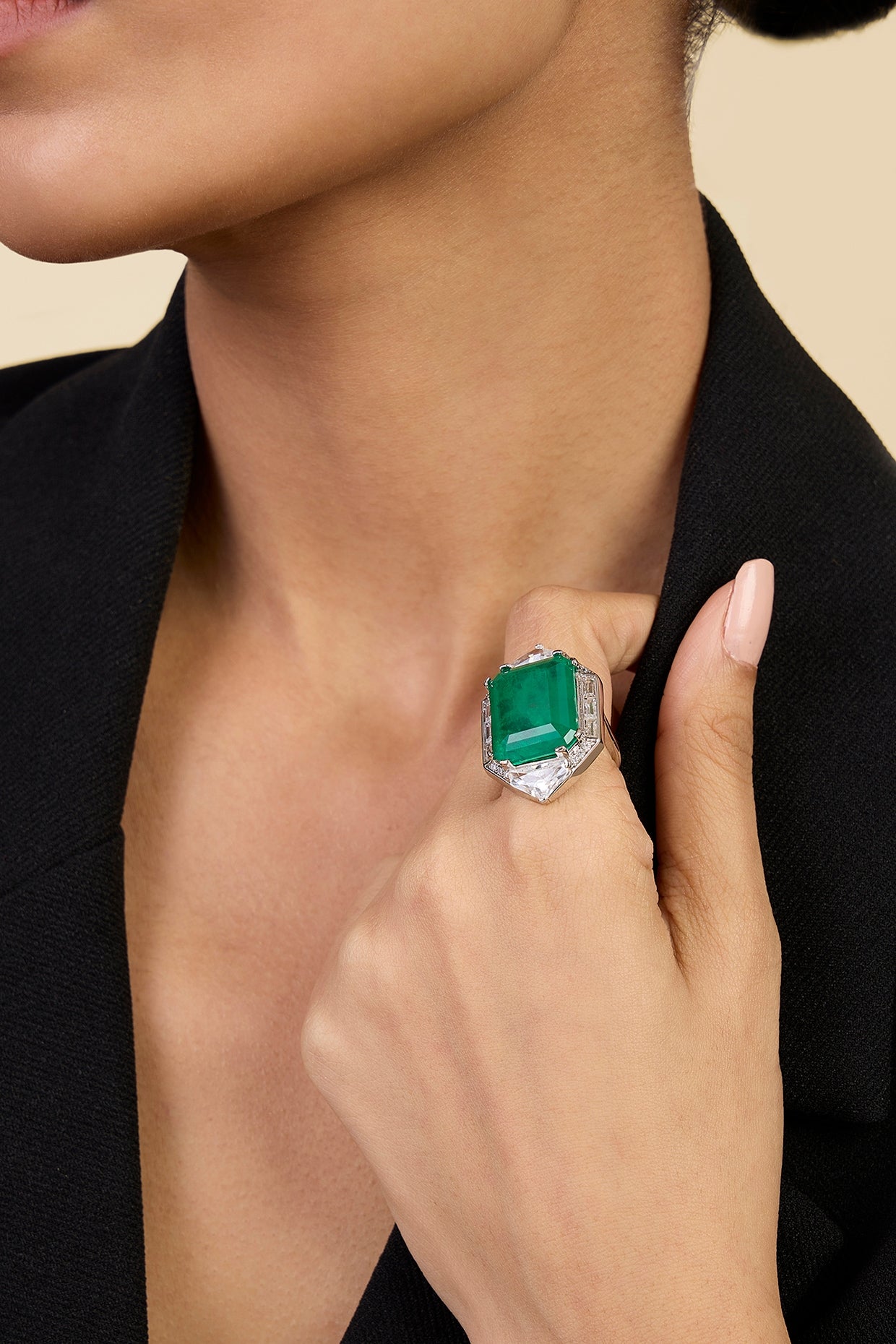 White Rhodium Finish CZ & Doublet Dark Emerald Stone Ring