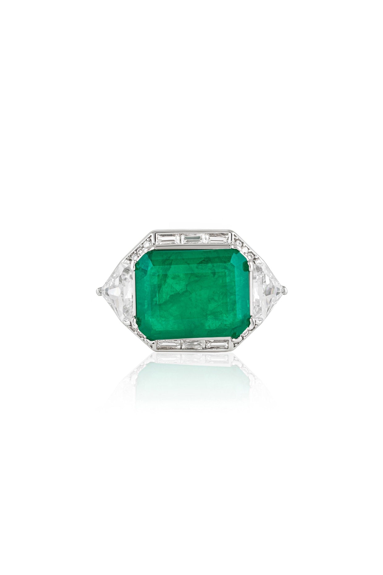 White Rhodium Finish CZ & Doublet Dark Emerald Stone Ring