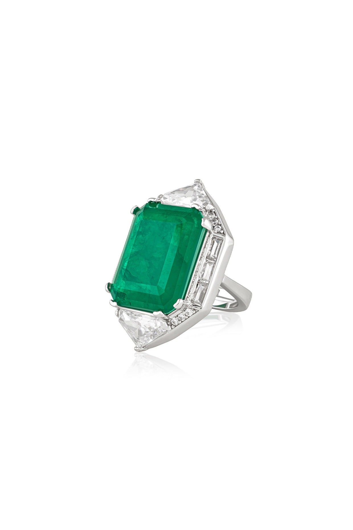 White Rhodium Finish CZ & Doublet Dark Emerald Stone Ring