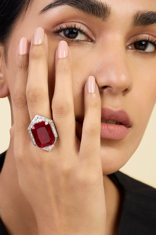 White Rhodium Finish CZ & Ruby Corundum Stone Ring