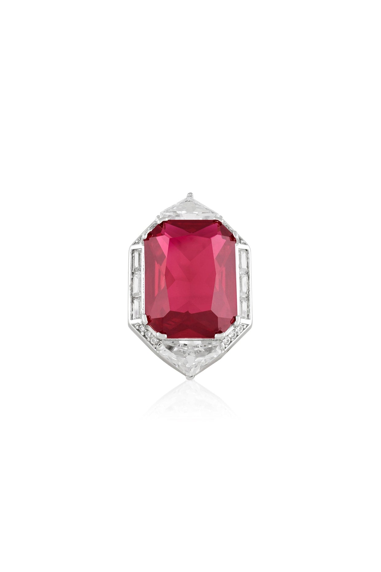 White Rhodium Finish CZ & Ruby Corundum Stone Ring