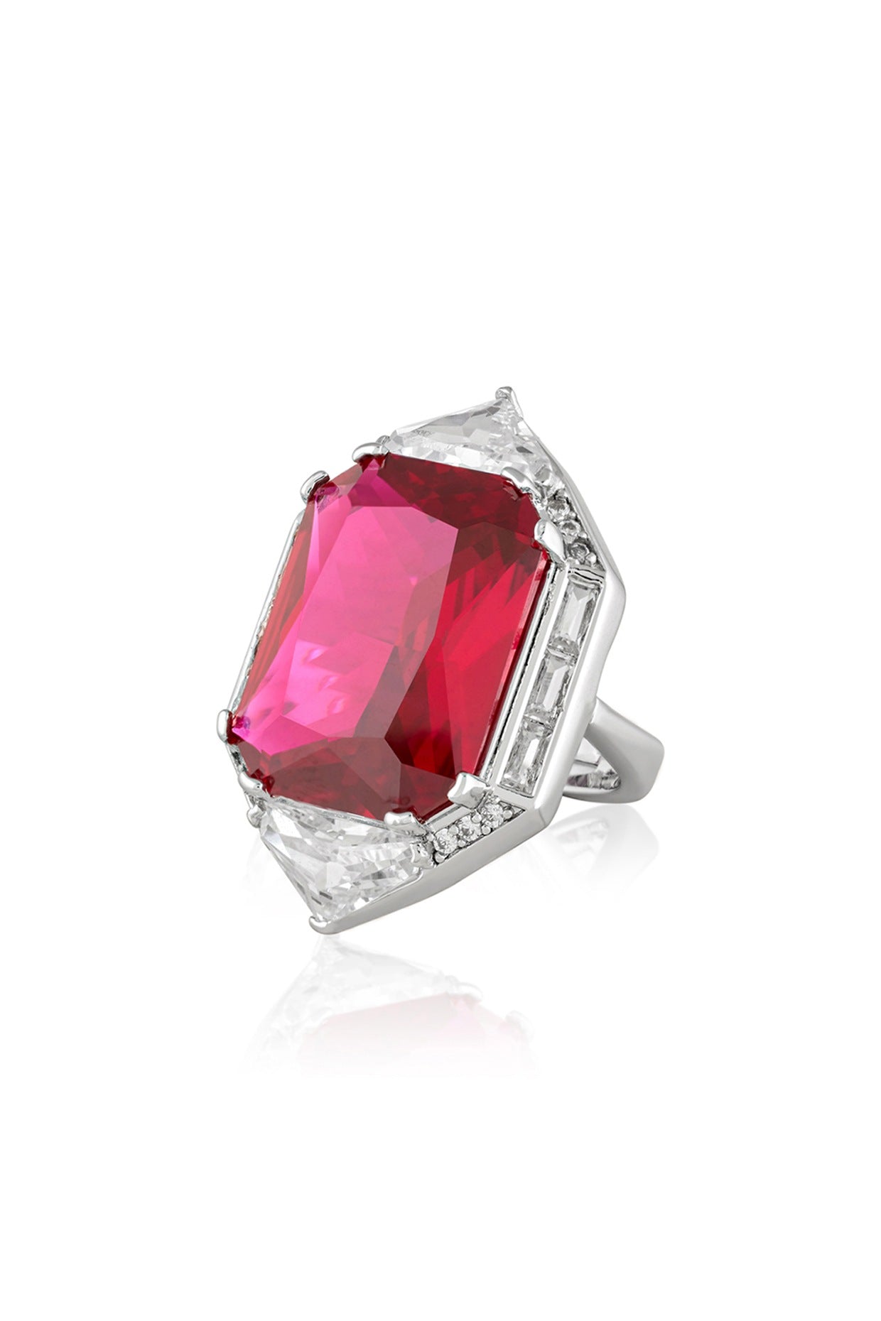 White Rhodium Finish CZ & Ruby Corundum Stone Ring