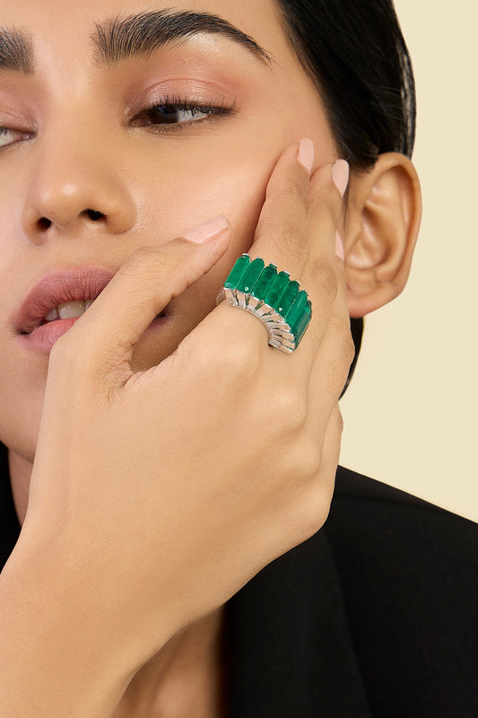 White Rhodium Finish Custom-Cut CZ & Baguette Dark Emerald Stone Ring