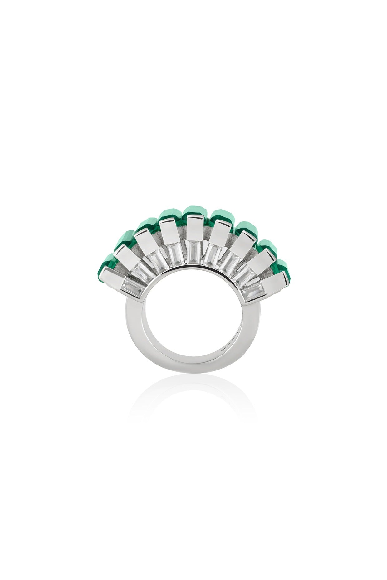 White Rhodium Finish Custom-Cut CZ & Baguette Dark Emerald Stone Ring