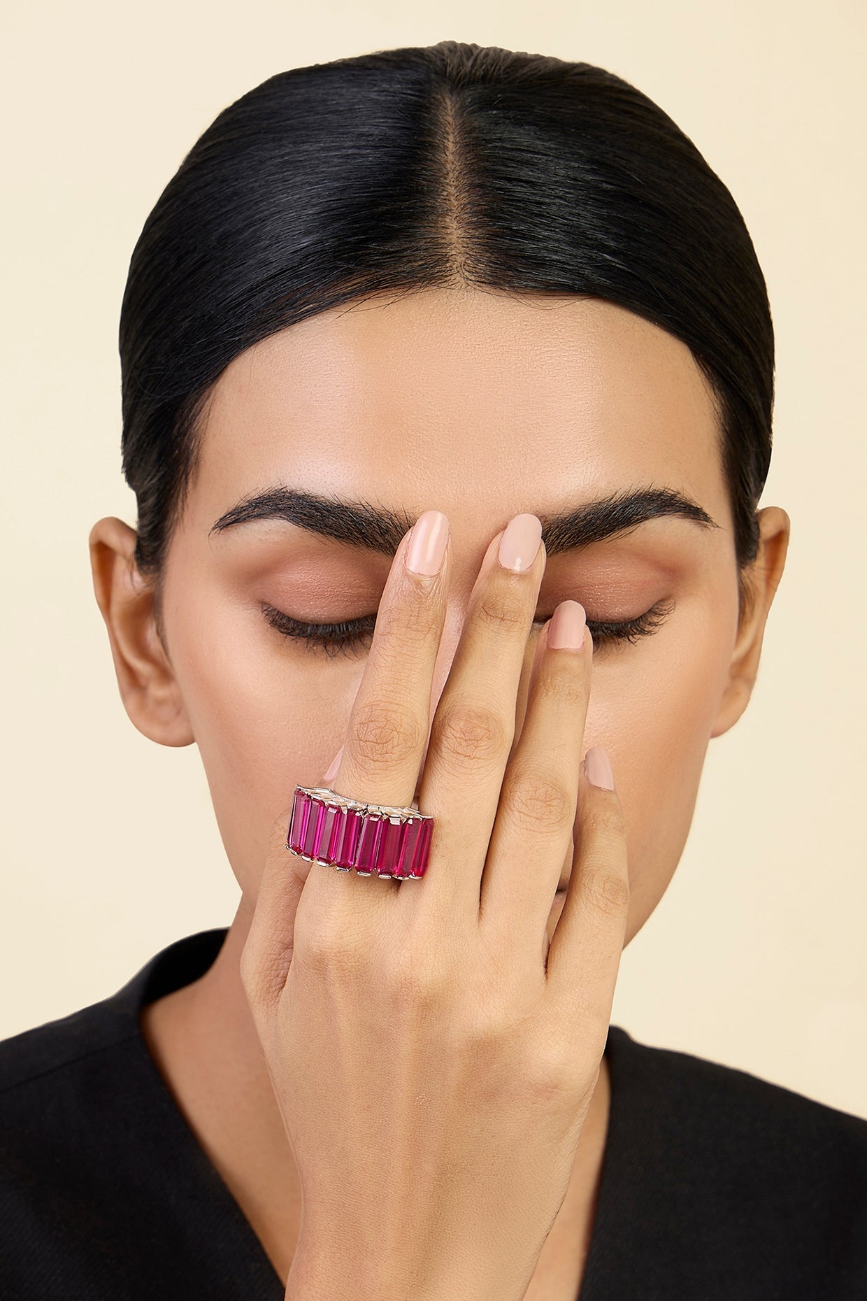 White Rhodium Finish Custom-Cut CZ & Baguette Ruby Corundum Stone Ring